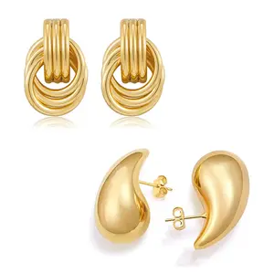 14K Gold-Plated Waterdrop Clip-On Earrings, Exaggerated Waterdrop Design, Gold Double Hoop Earrings, Hypoallergenic Lightweight Women's Earrings, 2-Piece Set
