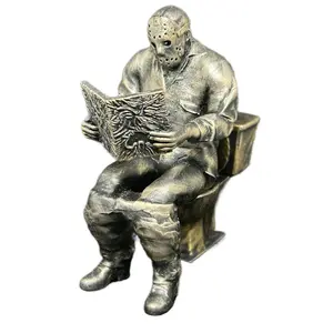 Jason’s Potty Break Bronze Statue - Figure in Mask Holding Book, Bronze Material, Unique Design