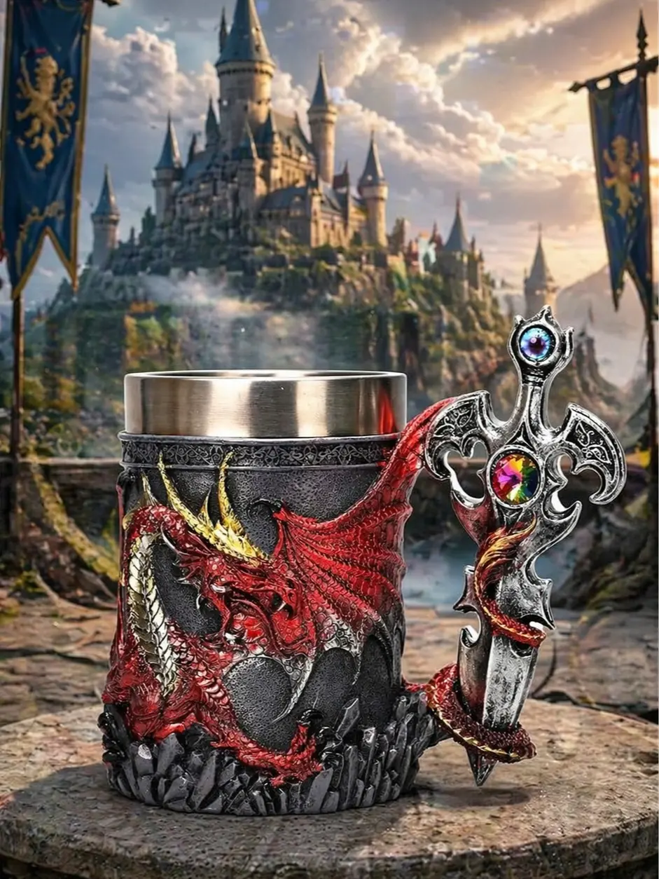 The Armored Kingdom 17oz Red Sentinel Dragon Mug - Hand-Painted Medieval Look Fantasy Collectibles Drinkware, Heat Resistant With Handle, Stain-Free Stainless Steel Insert, Customised Scroll Gift With Ring Sizer