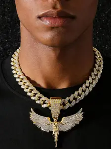 New Men's Full Diamond Chain Hip-Hop Style Angel Wings Pendant Necklace, Unique Fashion Jewelry, Trendy Accessory for Men, Cuban Chain