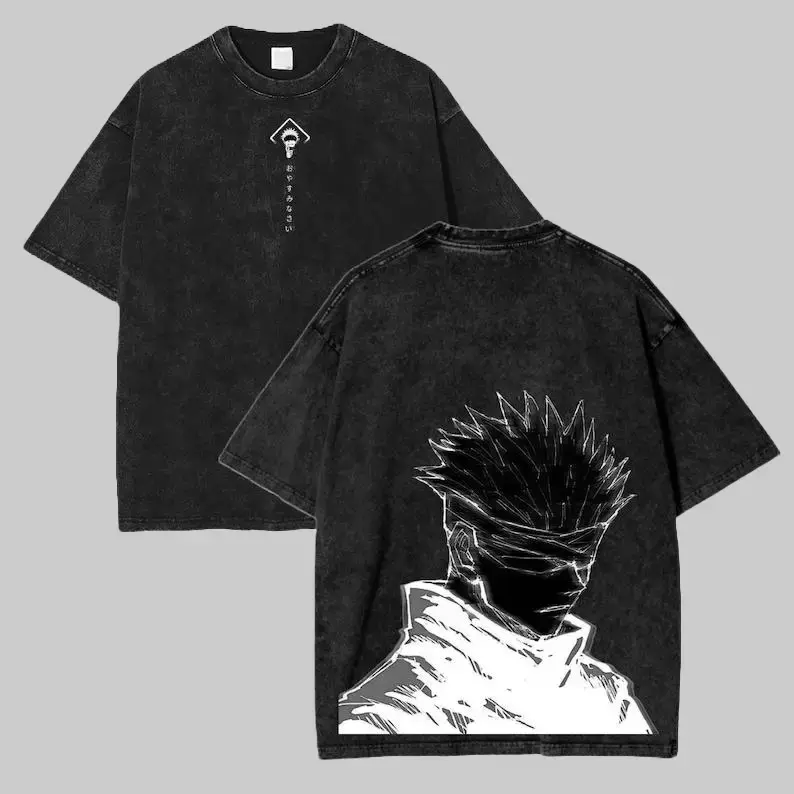 Men's Jujutsu Kaisen Acid Washed Oversize Round Neck Short-Sleeve Tshirt - Satoru Gojo Black Marbled Streetwear Top, Fan Gift Mens Casual Clothes, Shortsleeve