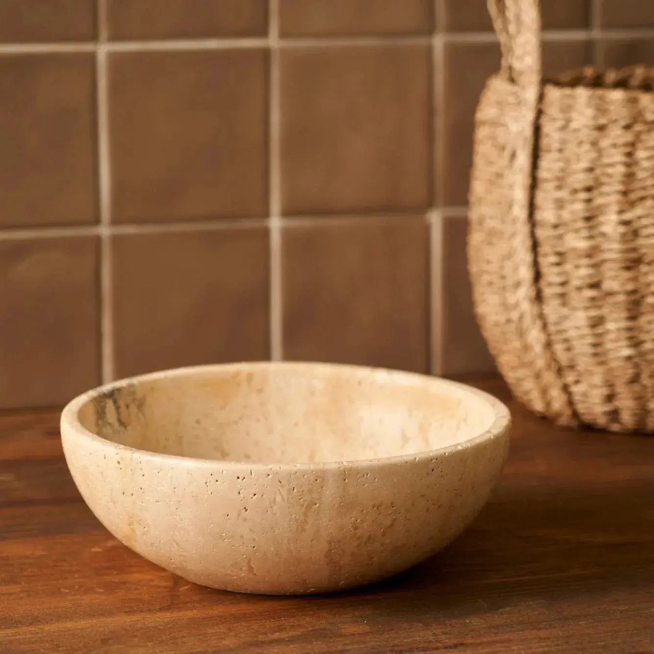 Ephesus Travertine Decorative Bowl, Natural Stone, 7.9" Diameter