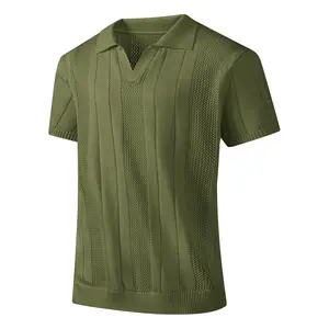 Men's Olive Green Knit Polo Shirt - Short-Sleeve V-Neck Openwork Top, Breathable Textured Menswear, Lightweight Summer Shortsleeve Top for Vacation, Daily Wear