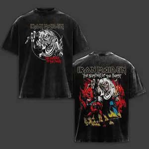 The Number of the Beast Iron Maiden Washed T-Shirt, Eddie the Head Heavy Metal Music Band Washed Tee, Rock Band Double Printed Washed Graphic T-Shirt, Gift For Metalhead Fan Crewneck Casual Cotton Fabric Menswear