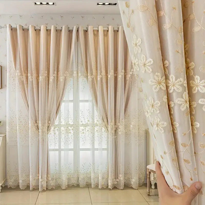 2-Panel Exquisite Embroidered Cloth-Yarn Integrated Grommet Top Window Curtains, Soundproof Elegant Art Style Living Room Decor, Shading Anti-Ultraviolet Room Darkening for Bedroom, Office, Window Curtain