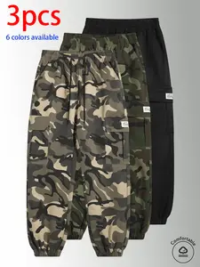 3-pack men’s long pants: men’s camouflage cargo jogger pants, loose slim fit multi-pocket casual pants with elastic drawstring design, available in multiple colors, suitable for everyday wear, holiday travel, and outdoor hiking.