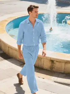 Men's Christmas Gift Set, Friday Two-Piece Long Sleeves, Fall Winter Waffle Knit Fitted Suit, Casual Drawstring Pants, Elastic Waist Jogger Style