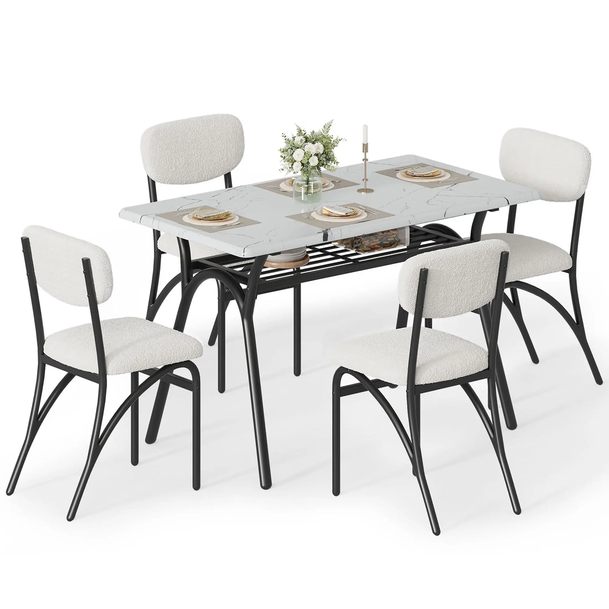 Dining Table Set for 4, Kitchen Table with Boucle Chairs for 4, Modern Rectangular Dining Table with Storage Rack for Small Space, Beige & Marble Table