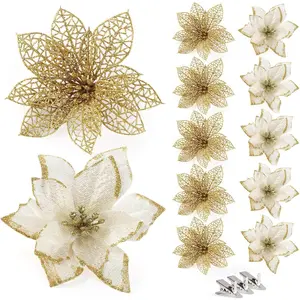 24Pcs Gold Poinsettias Artificial Christmas Flowers, 6" Glitter Artificial Christmas Flowers with 30 Clips, for Xmas Tree Decorations Wedding Party Fireplace Stairs Decor