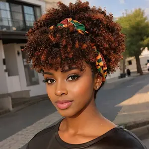 Ombre Brown Afro Headband Wig Kinky Curly Headband Wig with Bangs afro puff wig Head-Wrap Wigs 2 in 1 afro wig curly headband wig for Women Synthetic Half Wigs strap