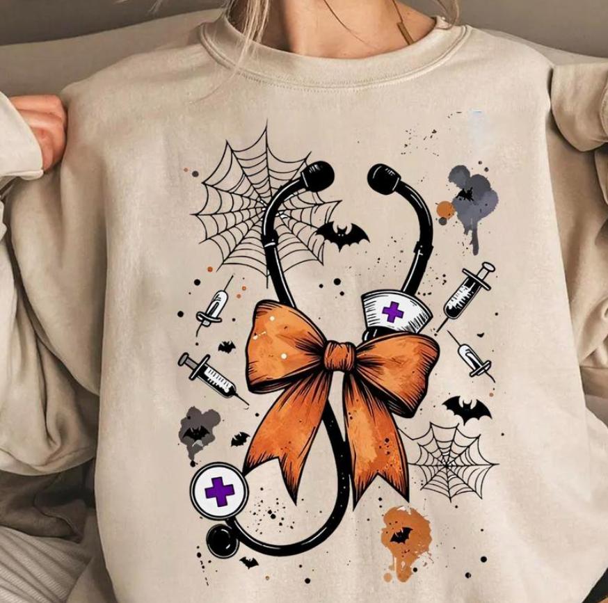 Halloween Stethoscope Bow T-Shirt, Sweatshirt, Hoodie , Retro Halloween Bow Nurse Sweater, Cute Nursing School Shirt, Funny Nurse Shirt, Nursing Life Graphic Shirt