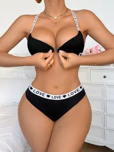 Women's Letter Halter Front Buckle Bra Set, Comfortable Steel Ring Push-Up Design, Adjustable Straps, Soft Fabric, Daily Wear, Underwear Sets, Activewear, Womenswear