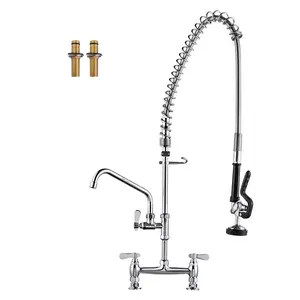 WOWOW Solid Brass Triple Handle Commercial Pull Down Sprayer Kitchen Faucet with Pre-Rinse Sprayer in Chrome