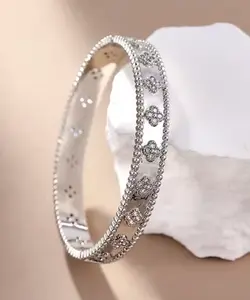 Silver Rhinestone Clover Bangle Bracelet Fashion Jewlery Accessory