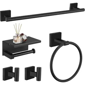 5-Pieces Matte Black Bathroom Hardware Set 23.6 Inch SUS304 Stainless Steel Towel Bar Set Wall Mounted Square Toilet Paper Holder with Shelf