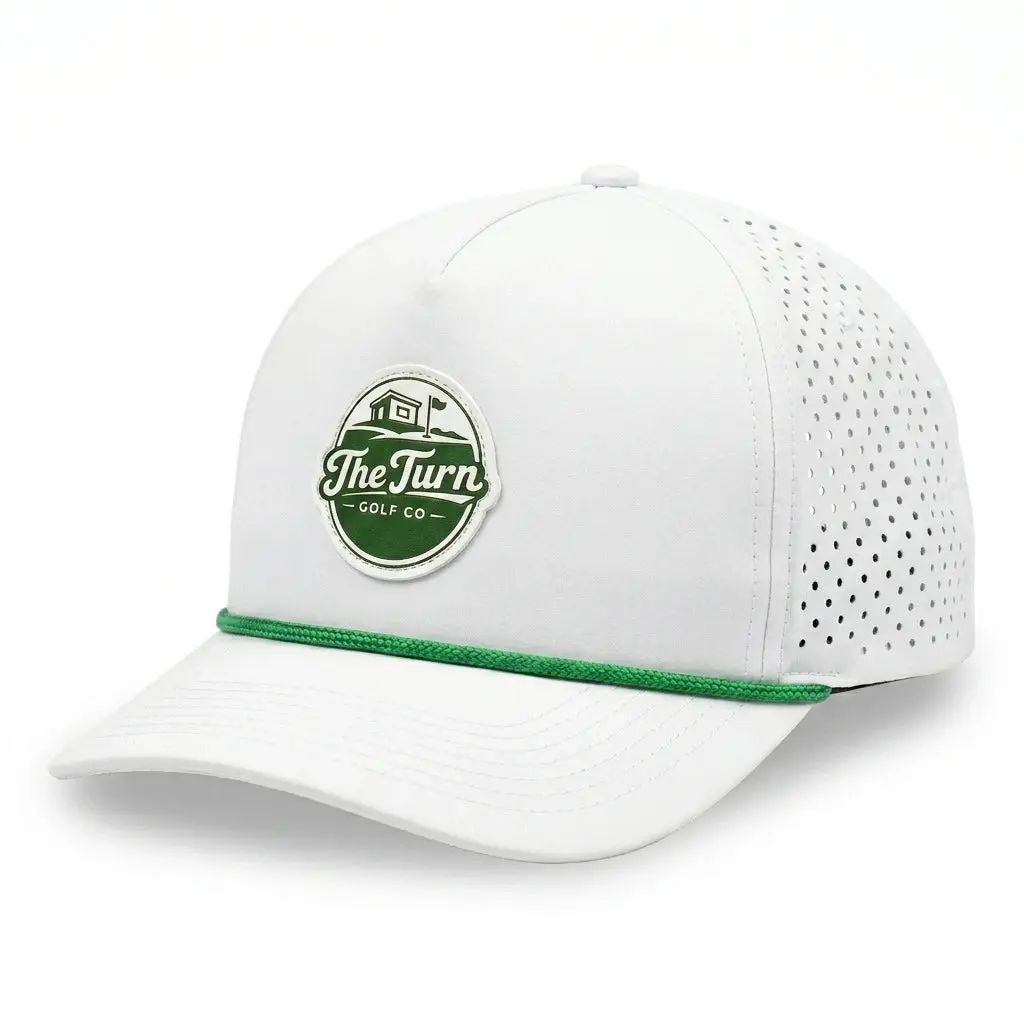 The Turn White Performance Golf Hat | Laser Perforated Snapback Cap | The Turn Golf Co.