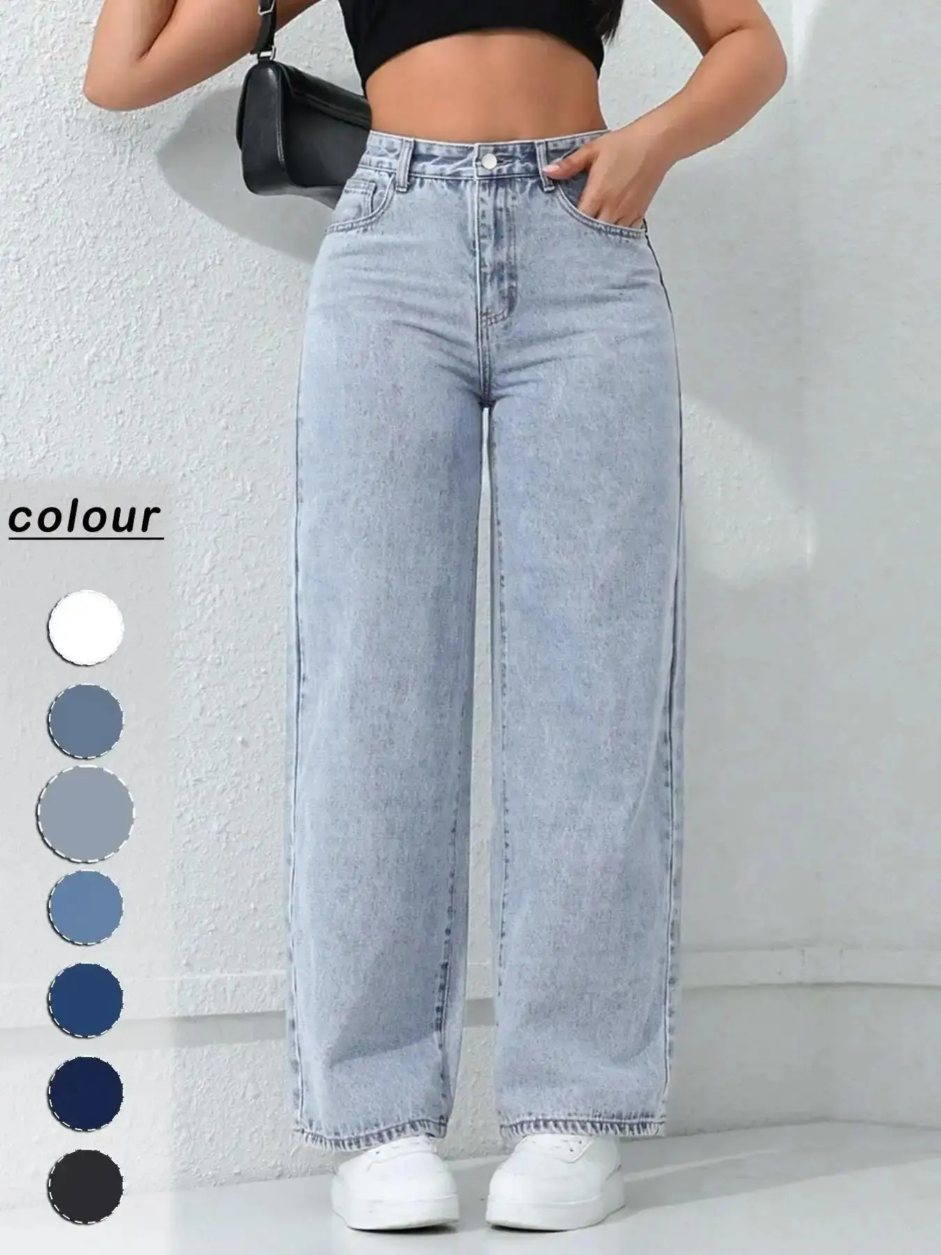 Spring Summer New Women's Pants Light Blue High Waist Elastic Denim Jeans Casual Vacation Daily Versatile Wide Leg stretchy denim comfort stretch classic straight leg everyday essential easy fit urban style