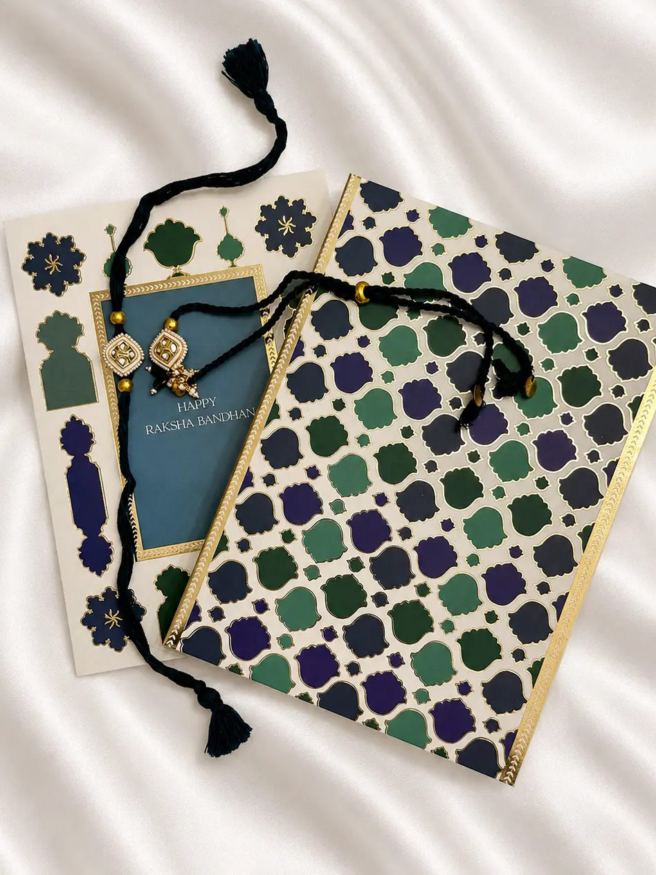 Bhai-Bhabhi Rakhi Set — Kundan Rakhi Duo with Greeting Card & Box