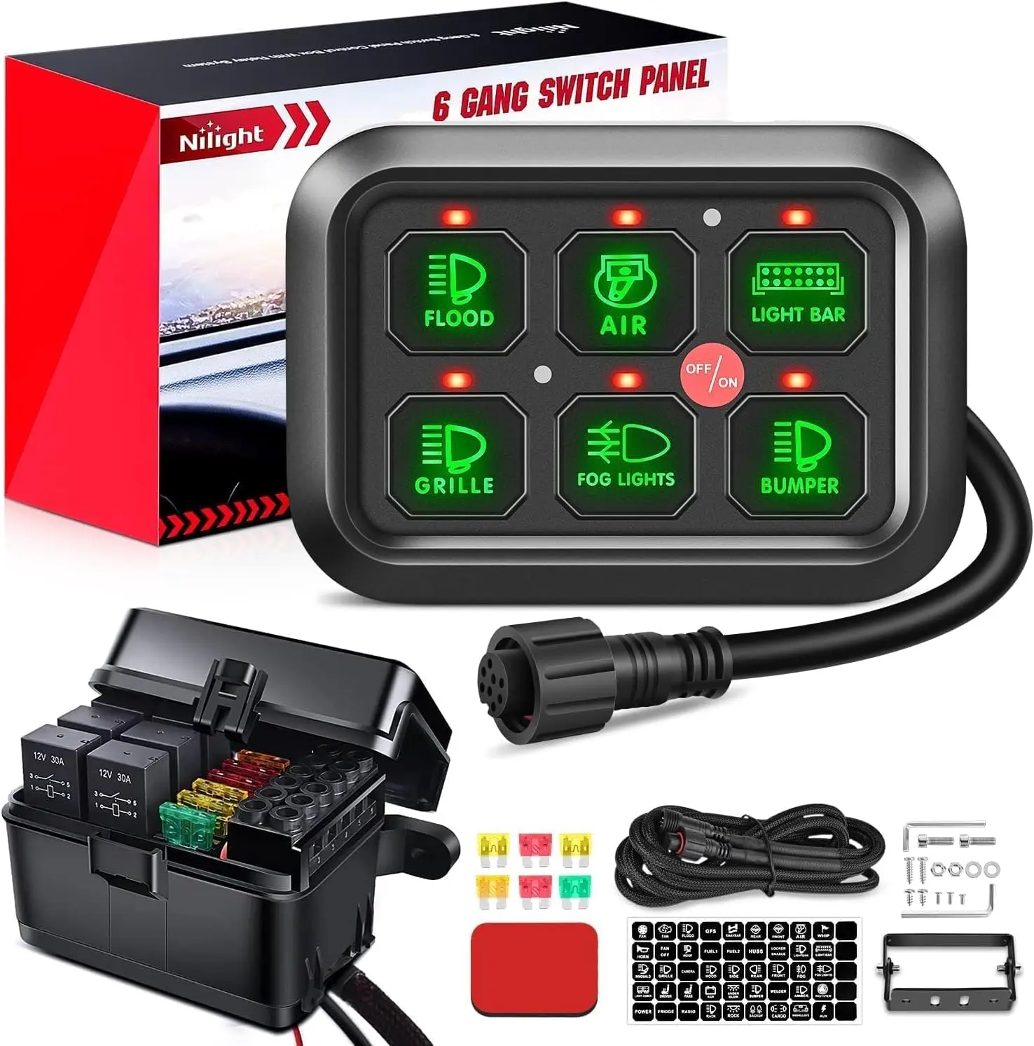 Nilight 6-Gang 12VDC Vehicle Dimmer Switch with Strobe Light Module, Universal Power Circuit Control Relay System, Fuse Wiring Harness, Plug-N-Play Automatic Dimmable Backlight Dashboard for Cars/Trucks, 2-Year Warranty