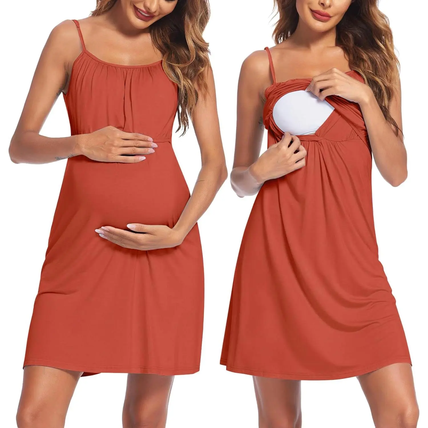Women's Maternity Nursing Nightdress - Sleeveless Elastic Double-Layered Polyester-Blend Sleepwear, Easy-Breastfeed Maternity Breastfeeding Pjs for Pregnancy & Labor Delivery