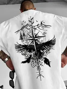 Crow Totem Print T-Shirt with Landscape Compass Design, Casual Street Style Crew Neck Tee, Loose Fit T-Shirt, Perfect Casual Wear YL