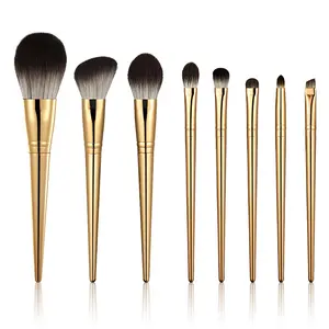 8-piece gold makeup brush set for foundation, powder, concealer, eye shadow, blush, lip balm, portable makeup tool for home and travel. Perfect cosmetics gift with high quality materials, soft brushes. Colorful and vibrant gold
