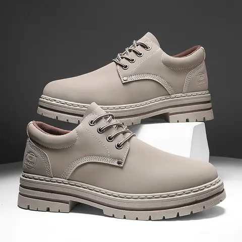 Men's All-Season Low Top Boots, Solid Color Boots, PU Leather Casual Shoes, Fashion Tie-Up Design, Outdoor Workwear, Trendy and Versatile