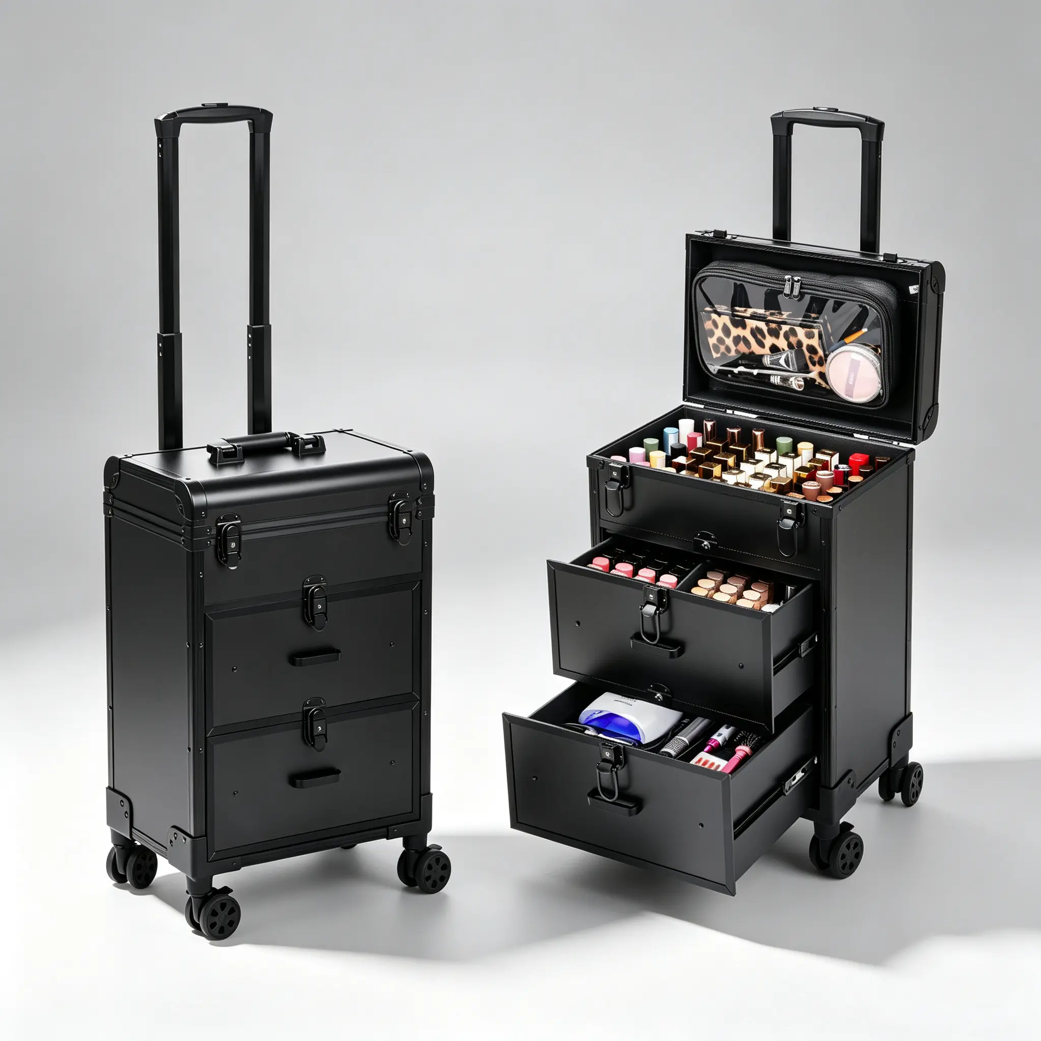 Professional Rolling Makeup Train Case with Drawers, Lockable Cosmetic Trolley, Wheeled Makeup Storage Box for Makeup Artist Nail Tech large capacity travel