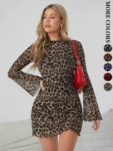 Ladies' leopard print long-sleeved figure-hugging dress - elegant and stylish short dress for slimming and form-fitting Thin
