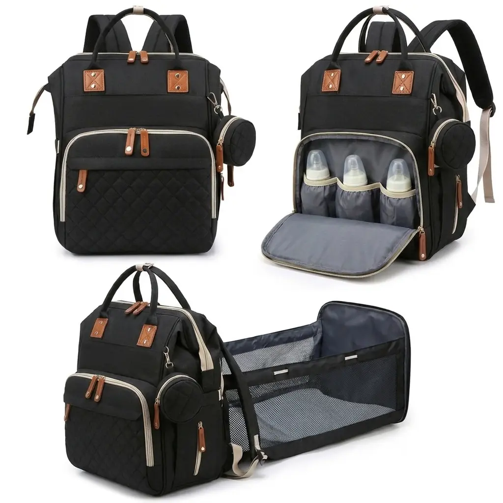 Waterproof Large-Capacity Diaper Bag Backpack with Built-In Changing Station, USB Charging Port, Stroller Straps – Baby Travel Gear for Parents, Baby Shower Gift