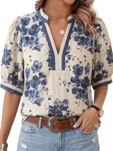 Chic Petal Beige Blue Floral Print Blouse Split V Neck Puff Sleeve Contrast Trim Casual Top for Women Elegant Blue Floral Print Soft Watercolor Style - Womenswear, Shirts,summervibes Fit Elegance