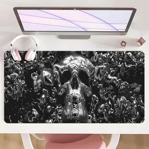 [Mouse Desk Pad] Non-Slip Mouse Pad Large Gaming Mouse Pad With Rubber Base & Stitched Edge Dark Gothic Skull Liquid Metal Design Desk Top Protector Mat For Home Office Halloween Gift Office Desk Accessories