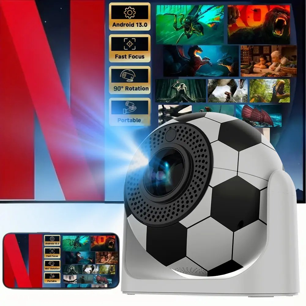 DEYSINN Mini Smart Projector with WiFi/BT5.2, Remote Control, Built-in Android Apps, Auto Focus, 180° Rotation, Audio, ABS, LED Display - 160 ANSI 290AMSI Portable Tabletop-Ceiling Projector for Home Theater - Wired & Smartphone Screen Compatible