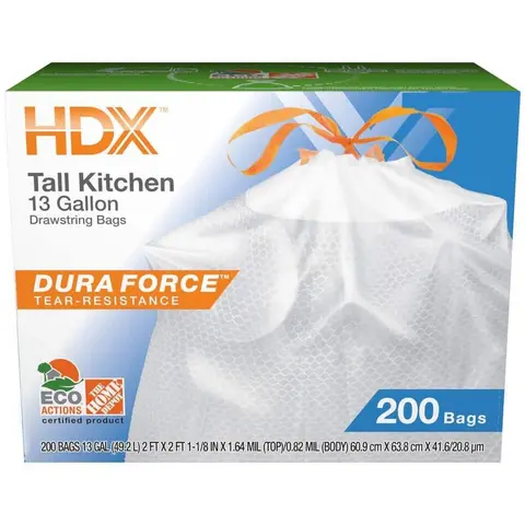 13 Gallon Reinforced Top Drawstring Unscented Kitchen Tall Trash Bags with 20% PCR (200-Count)