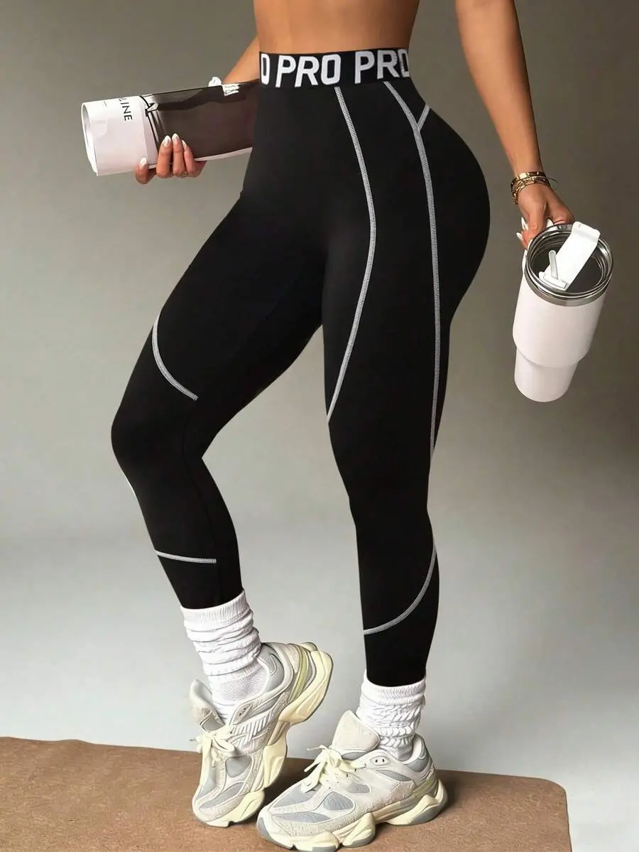Women's Black Tight 3/4 Length Sports Leggings,Contrast Waistband Graphic Stripes Spandex Workout Gym Yoga Pants,Fitness Running Tennis Golf Leggings