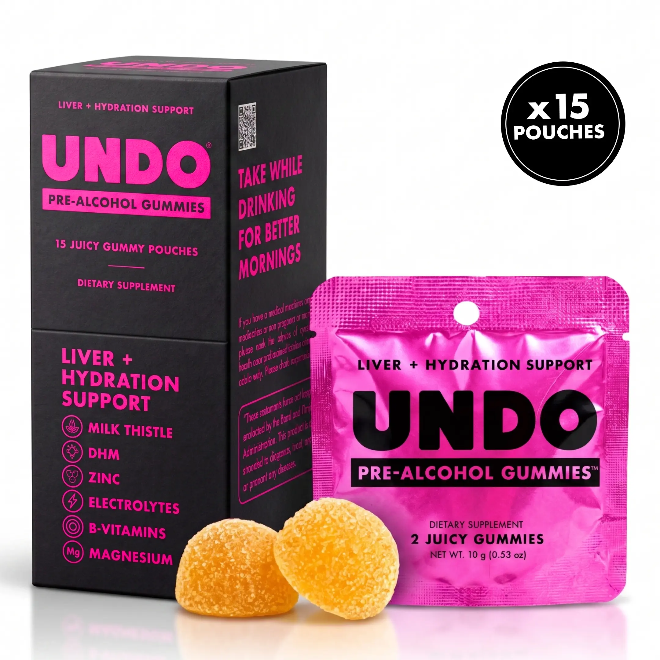 UNDO Pre-Alcohol Gummies - 15-Pack  DHM, Milk Thistle, B Vitamins & Electrolytes for Liver & Hydration Support | Tropical Flavor