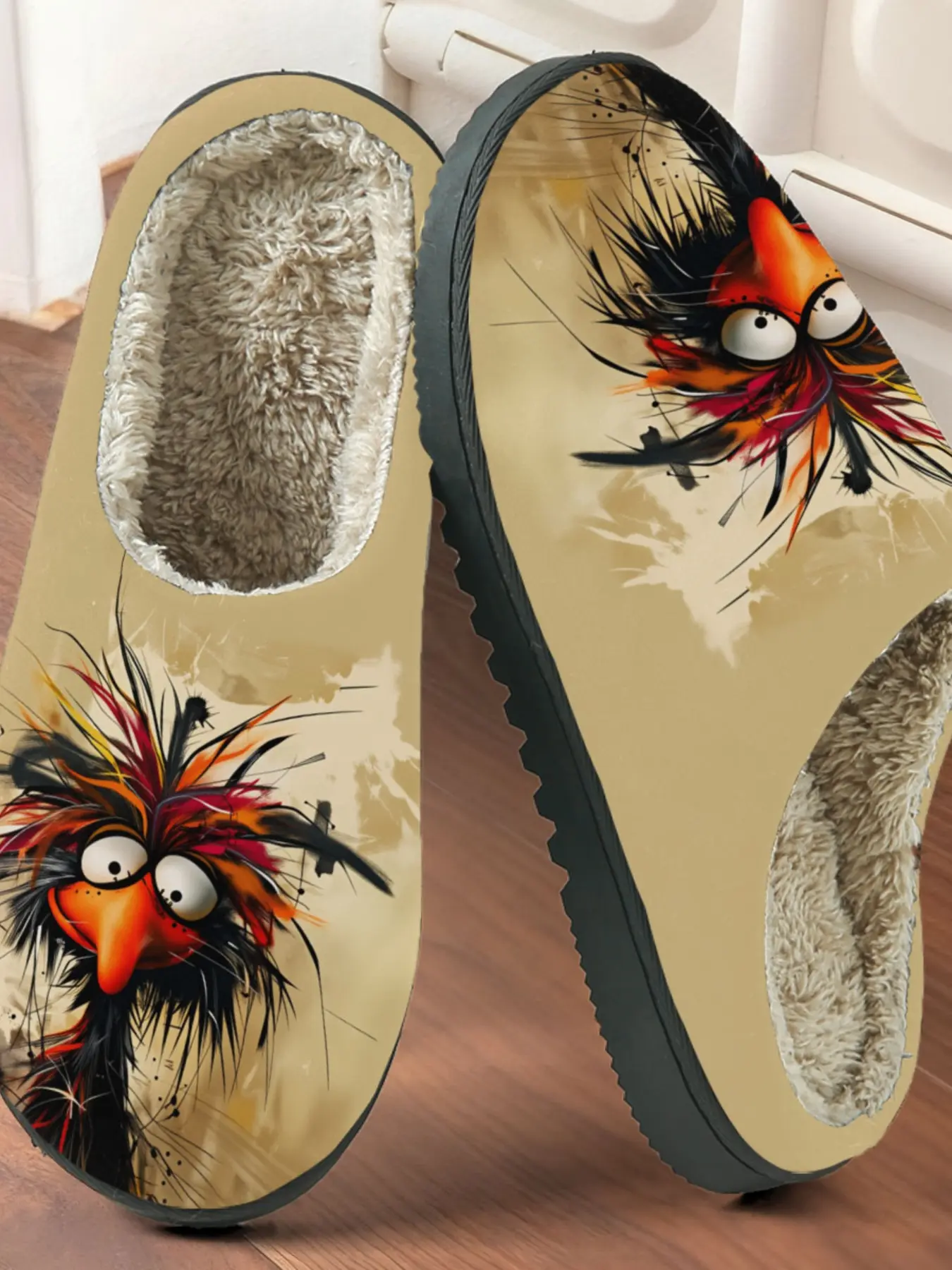 Funny Graffiti Bird Cotton Slippers, Trendy Graffiti Style, Plush Lined Anti-Slip Thick Sole, Home Casual Fun Winter Warm Slippers