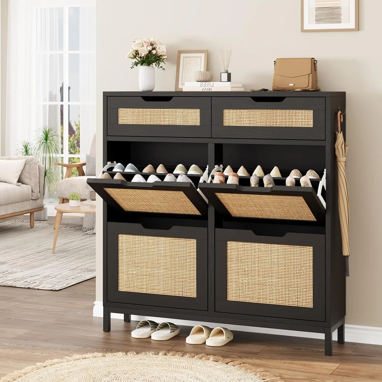 Jocoevol Rattan Shoe Cabinet for Entryway with 4 Flip Drawers & 2 Top Drawers, Freestanding Narrow Shoe Storage Cabinet with Metal Legs for Foyer, Hallway (Black)