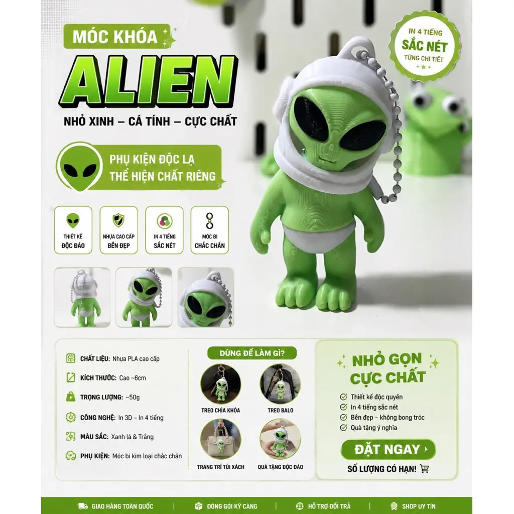 Premium 3D Alien Keychain – Cute Mini Figure for Backpacks, Unique Gift