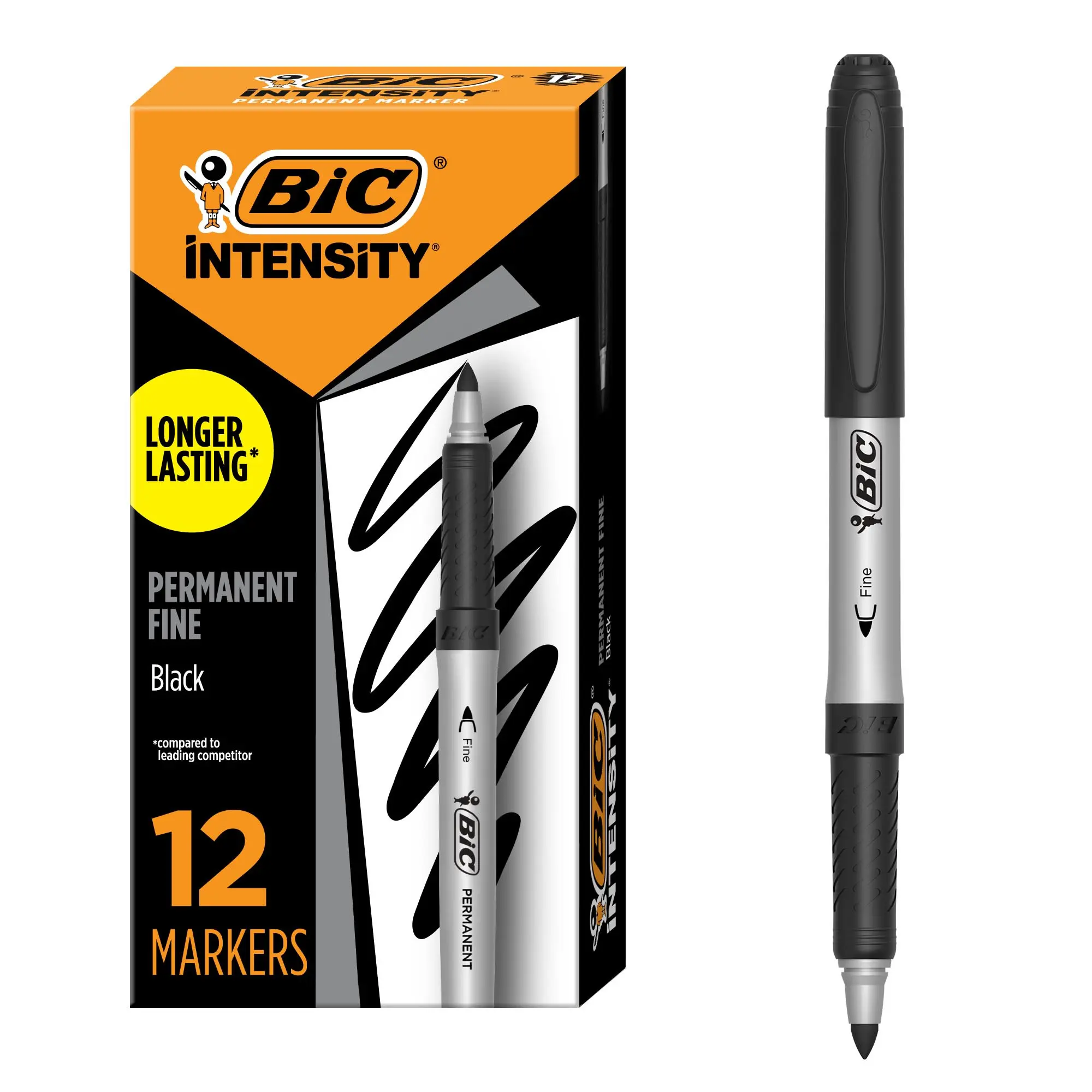BIC Intensity Permanent Markers, Fine Point, Black, Low Odor, 12-Count