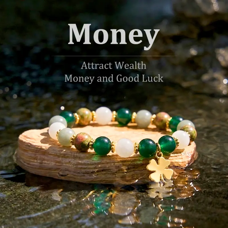 Unisex Synthetic Beads Crystal Bracelet - Wealth-Attracting Lucky Charm, 4-Leaf Clover Healing Protective Jewelry, Couple's Everyday Wear Accessory, Jewelry for Women, Christmas/Birthday Gift