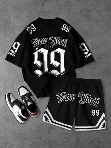 Men's Casual Patterned T-Shirt & Drawstring Waist Shorts Set, Letter Number Print, Soft Loose Fit Breathable, Perfect for Leisure Sports