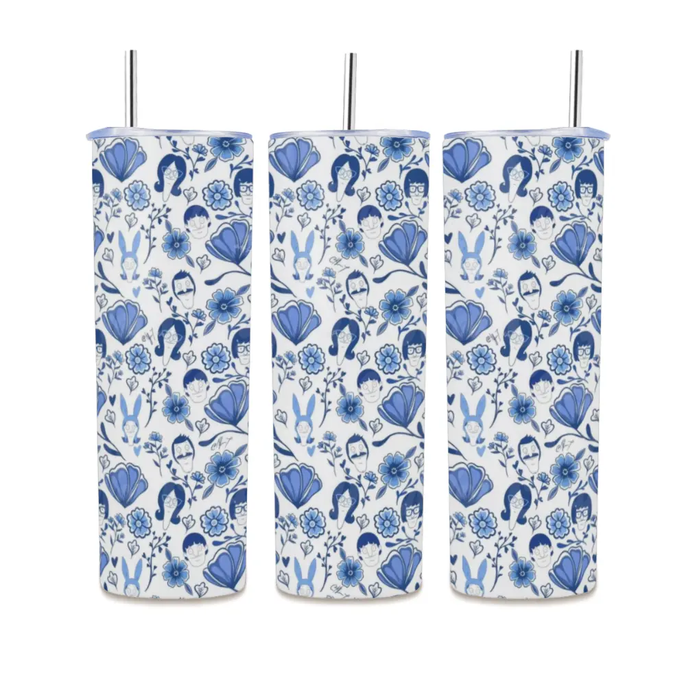 Bob's Burgers Blue Floral Toile Skinny Tumbler, Belcher Family 20oz Insulated Stainless Steel Travel Cup with Straw Portable Reusable Vacuum Insulated Tumbler with Carry Handle,Ideal for Camping & Hiking, Hydration Tumbler