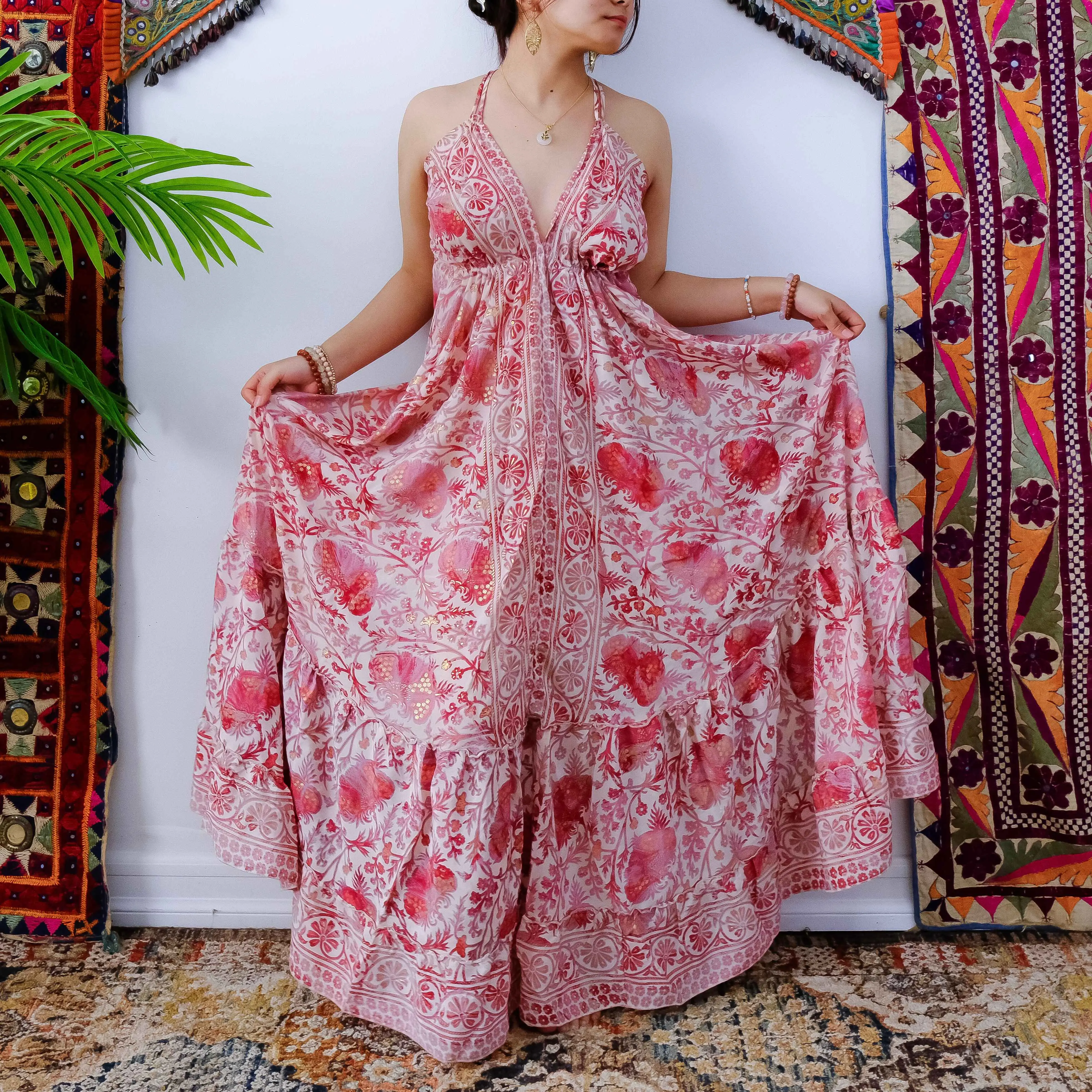 Silk Long Backless Dress, Boho Fashion, Spell Style Floral Full Length dress, Maxi Dress, Floral Midi Dress with Frill, Retro Style, Fairy Goddess Vibe, Summer Dress, Festival Fashion, Flowy Tiered Dress - Silk Long Backless Dress, Boho Fashion, Spell Style Floral Full Length dress, Maxi Dress, Floral Midi Dress with Frill, Retro Style, Fairy Goddess Vibe, Summer Dress, Festival Fashion, Flowy Tiered Dress -
