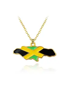 World Map Jamaica Flag Pendant Necklace, Trendy Hip Hop Jewelry, Versatile Sweater Chain Accessory for Fall Winter