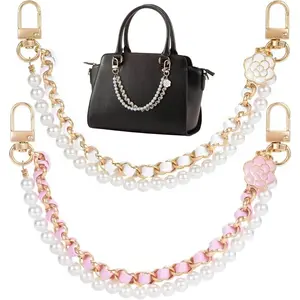 Bag Extender Chain Metal Pearl Double Purse Strap Extenders for Handbags Crossbody Bag Gold Purse Extender Chain Purse Strap Replacement Black White Purse Accessories Bag Charms Mobile Phone Case