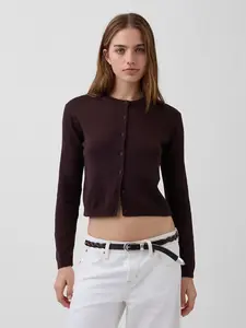 100% Cotton Relaxed Crop Cardigan Sweater Color Terra Brown Heather