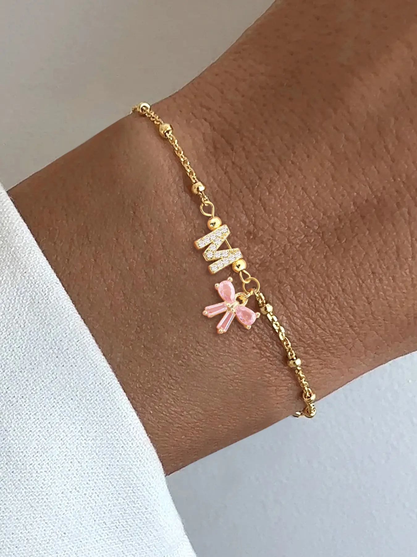 Women's Stainless Steel Bead Chain Bracelet, Cute Letter Design, Crystal Bow Pendant, Bracelet With Charms, All-Season Fashion Accessory, Pretty Bracelet, Beautiful Bracelets, Exquisite Trendy Bracelet, Fashionable Bracelet