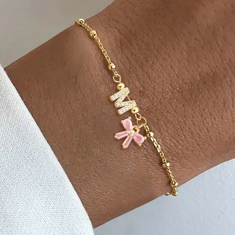 Women's Stainless Steel Bead Chain Bracelet, Cute Letter Design, Crystal Bow Pendant, Bracelet With Charms, All-Season Fashion Accessory, Pretty Bracelet, Beautiful Bracelets, Exquisite Trendy Bracelet, Fashionable Bracelet