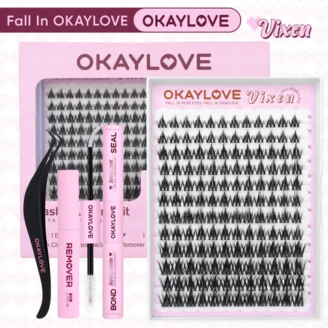 OKAYLOVE Vixen CD-Curve Cluster Lash Extension Kit - Cosmetic Waterproof Eyelashes, Long-Lasting Bond & Seal, DIY Tweezers, Remover, Anime Lashes for Home Use, Student Gift